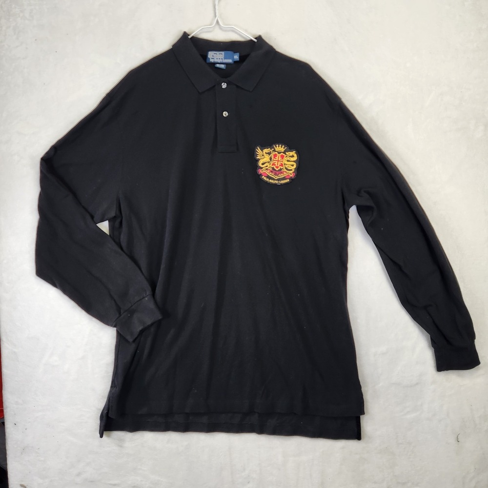 Vtg Polo Ralph Lauren Mens XL Black Long Sleeve Crest Patch Rugby Shirt